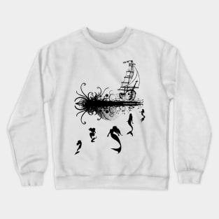 Mermaids swimming towards a pirate ship Crewneck Sweatshirt